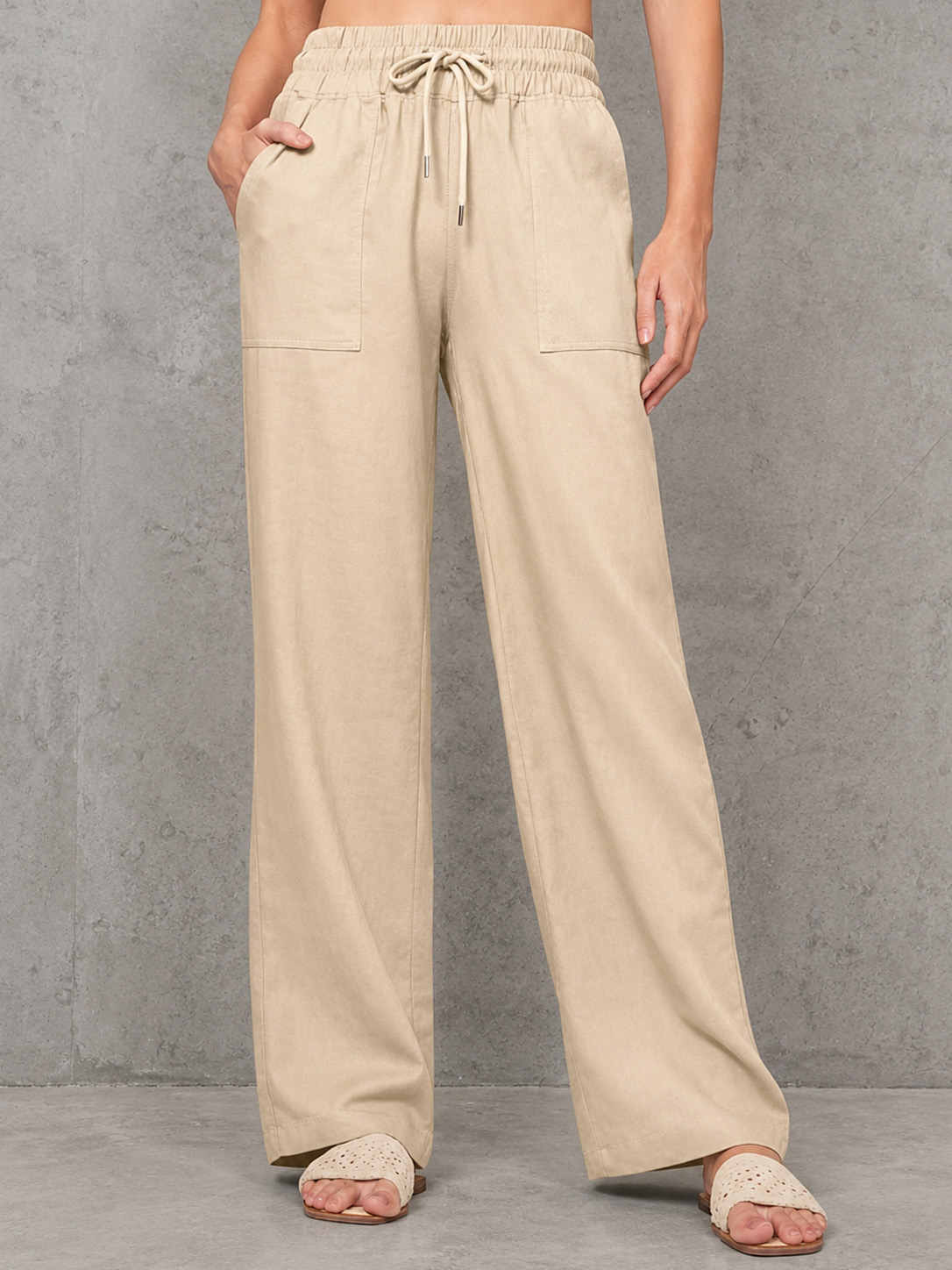 Apricot Cotton-linen Straight-leg Wide-leg Pants With Elastic Drawstring Waist