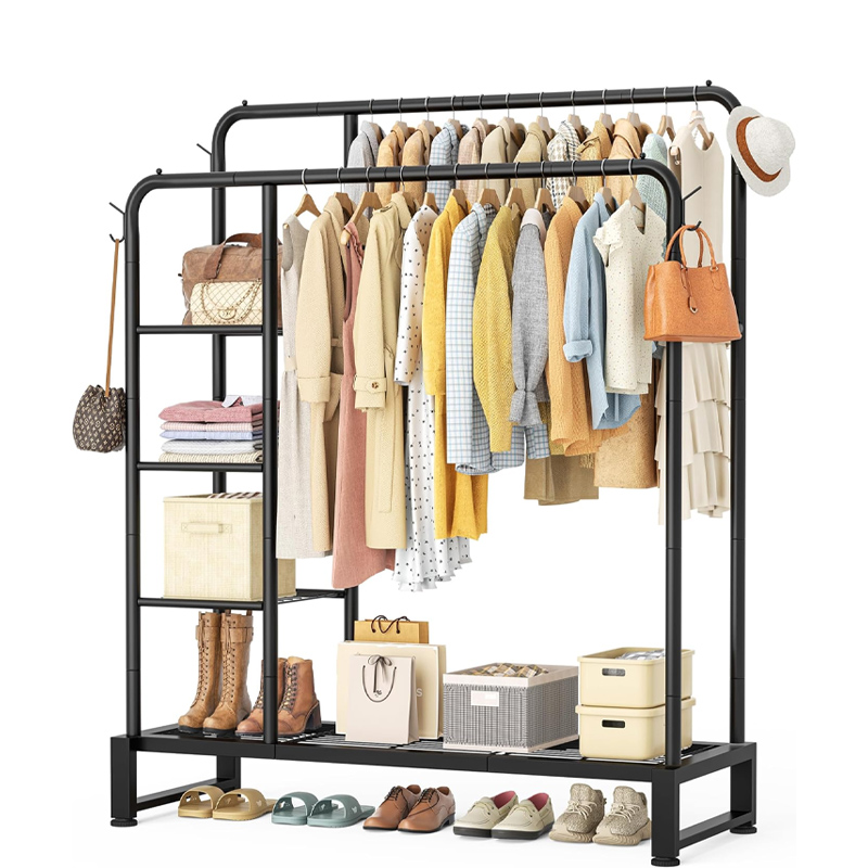 Double Rods Clothes Rack Clothing Rack with 4 Tier Storage Shelves Clothes Rack for Hanging Clothes Multifunctional Heavy Duty Clothes Organizer with Hooks for Bedroom,Wardrobe Closet,Shop
