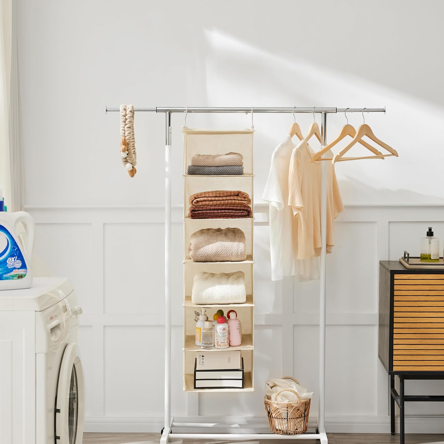 6 Tier Shelf Hanging Closet Organizer, Cloth Hanging Shelf with 2 Sturdy Hooks for Storage, Foldable