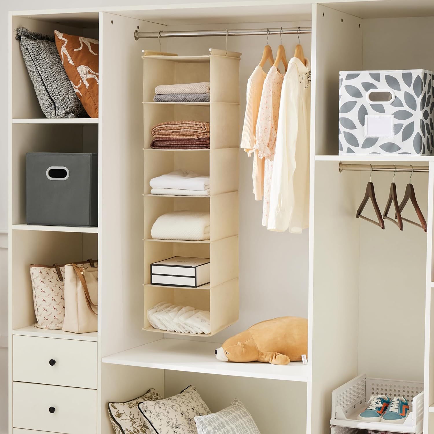 6 Tier Shelf Hanging Closet Organizer, Cloth Hanging Shelf with 2 Sturdy Hooks for Storage, Foldable