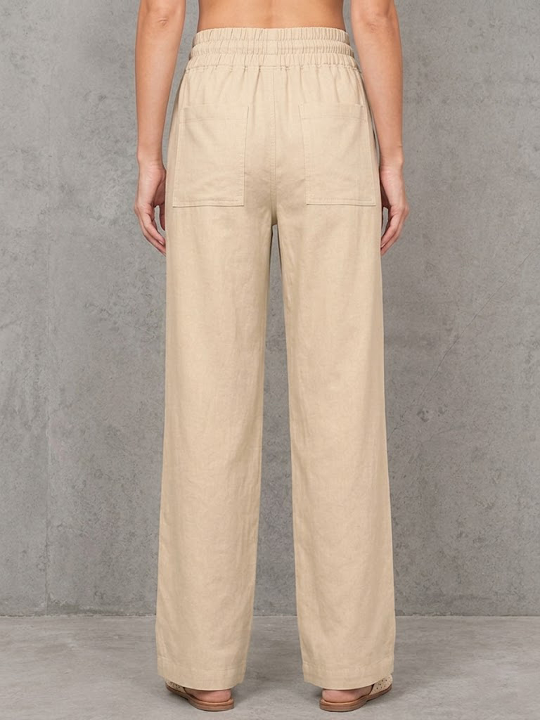 Apricot Cotton-linen Straight-leg Wide-leg Pants With Elastic Drawstring Waist