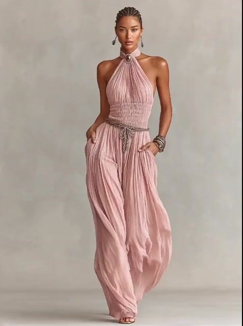 Women's Blush Pleated Jumpsuit With Halter Neck & Ruched Waist, Timeless Romantic-Elegant Style Jumpsuit (without Belt) 