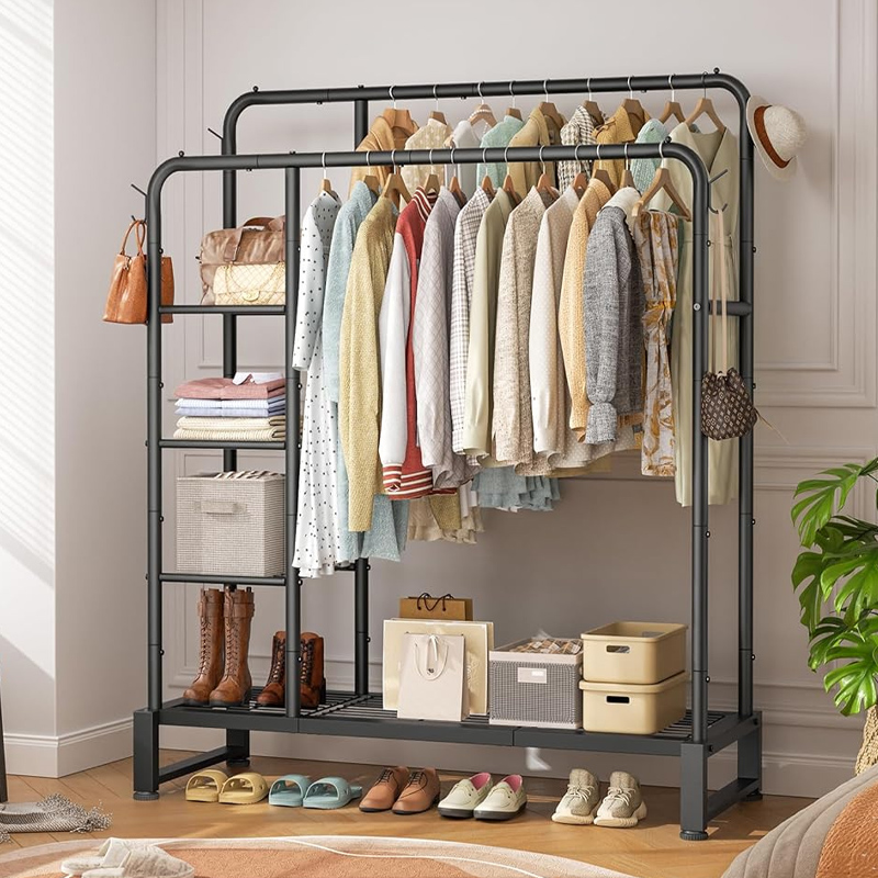 Double Rods Clothes Rack Clothing Rack with 4 Tier Storage Shelves Clothes Rack for Hanging Clothes Multifunctional Heavy Duty Clothes Organizer with Hooks for Bedroom,Wardrobe Closet,Shop