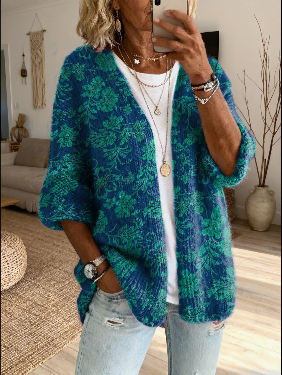 Women's Retro Floral Art Print Casual Long-sleeve Wool Blend Knit Cardigan Sweater