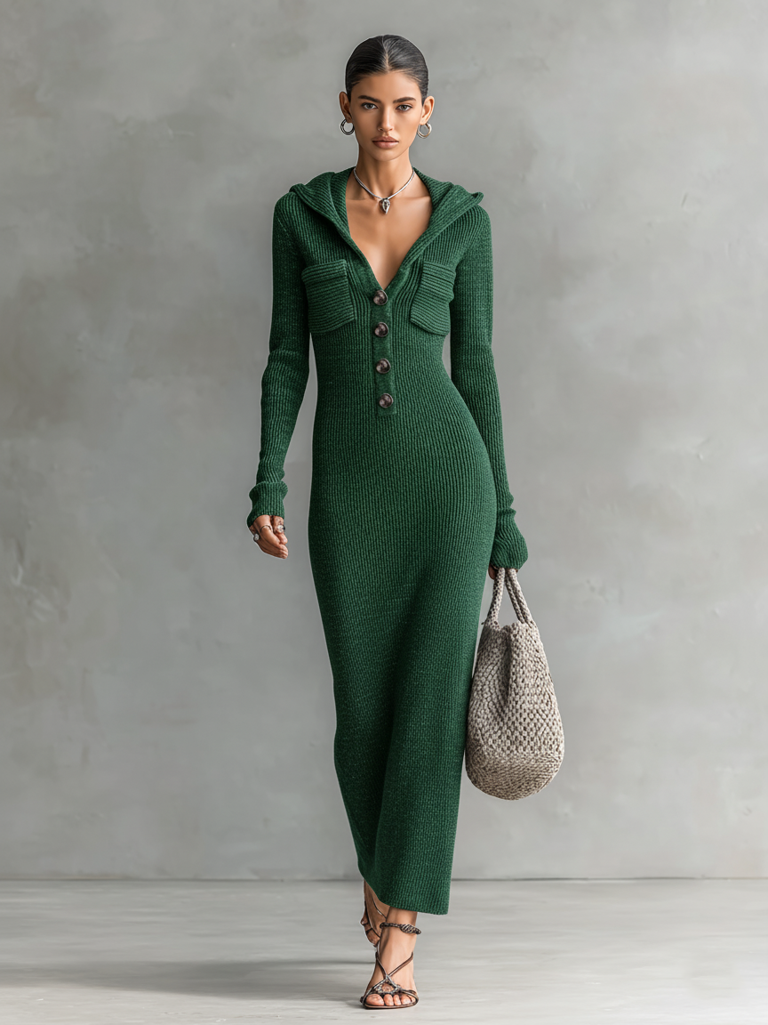 Women's Slim-fit Hooded Knitted Maxi Dress