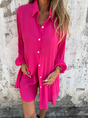 Women'S Casual Solid Color Cotton And Linen Shorts Long Sleeve Wrinkled Shirt Two Piece Set