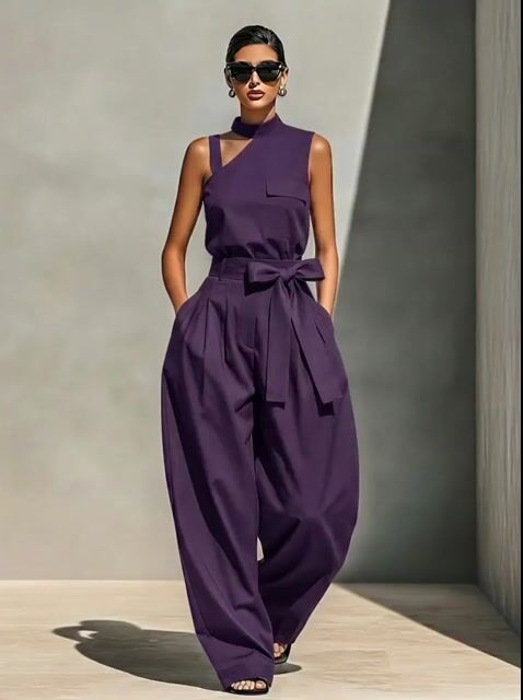 Women's Purple Cotton-Blend Asymmetrical Jumpsuit With Cutout Top & Bow Belt Wide Leg, Timeless Modern Streetwear Jumpsuit