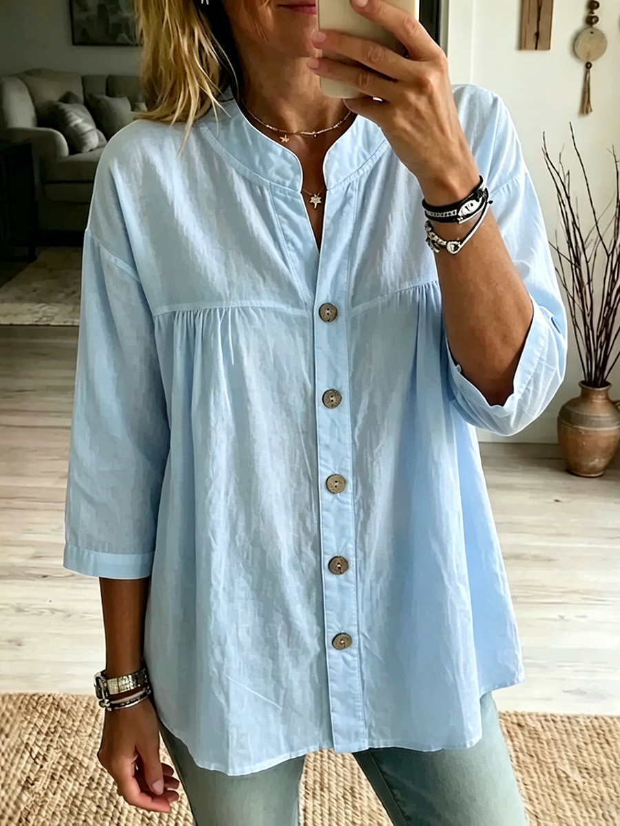 Women's Henley Collar 3/4 Sleeves Cotton-linen Shirt