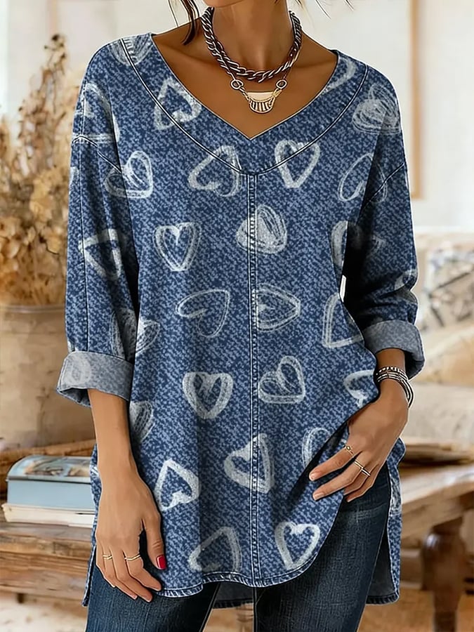 Women'S Casual Color-Block Top With Heart Print And Patchwork Design