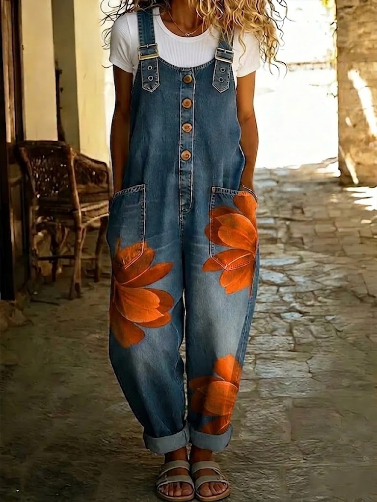 Women's Casual Brushstroke Floral Print Denim Jumpsuit With Adjustable Buckle
