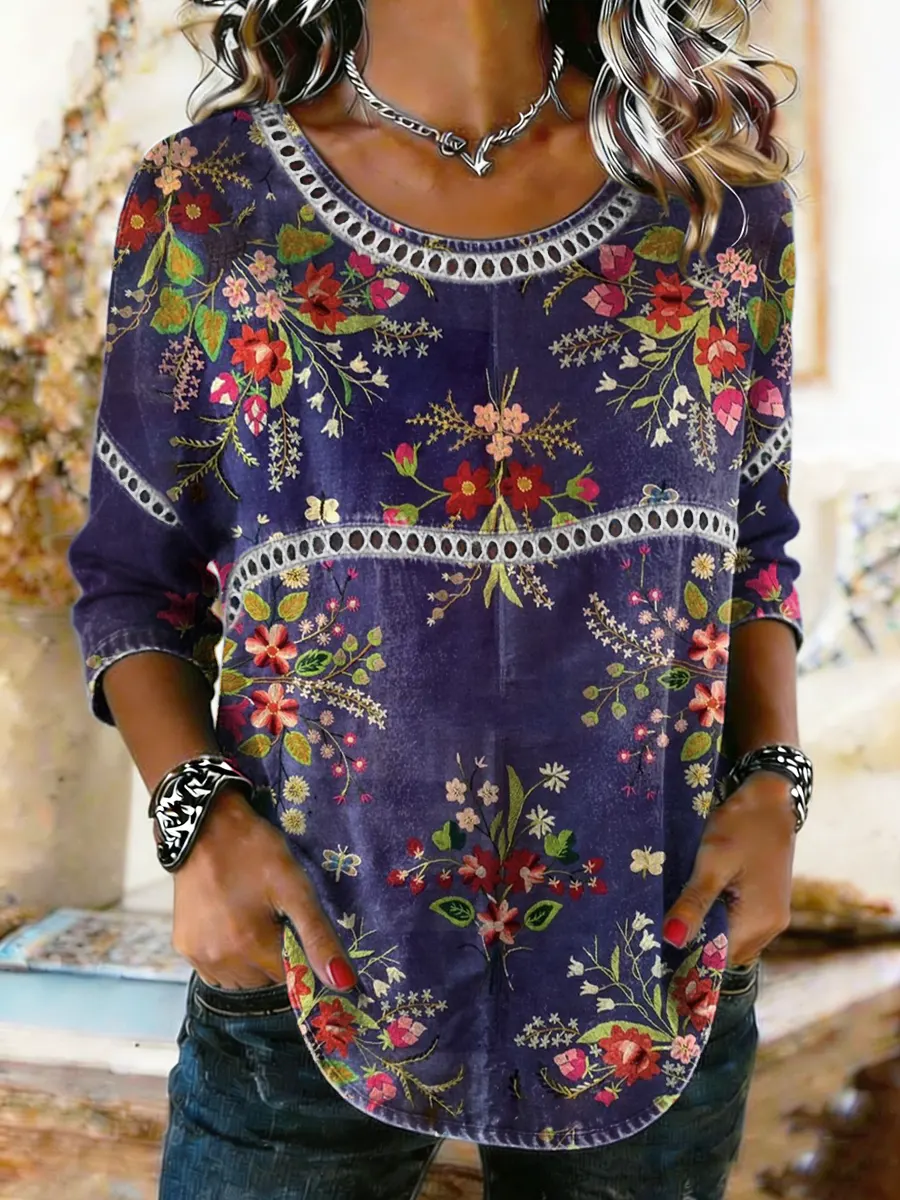 Women's Folk Floral Art Print Round Neck Blouse with Lace Trim