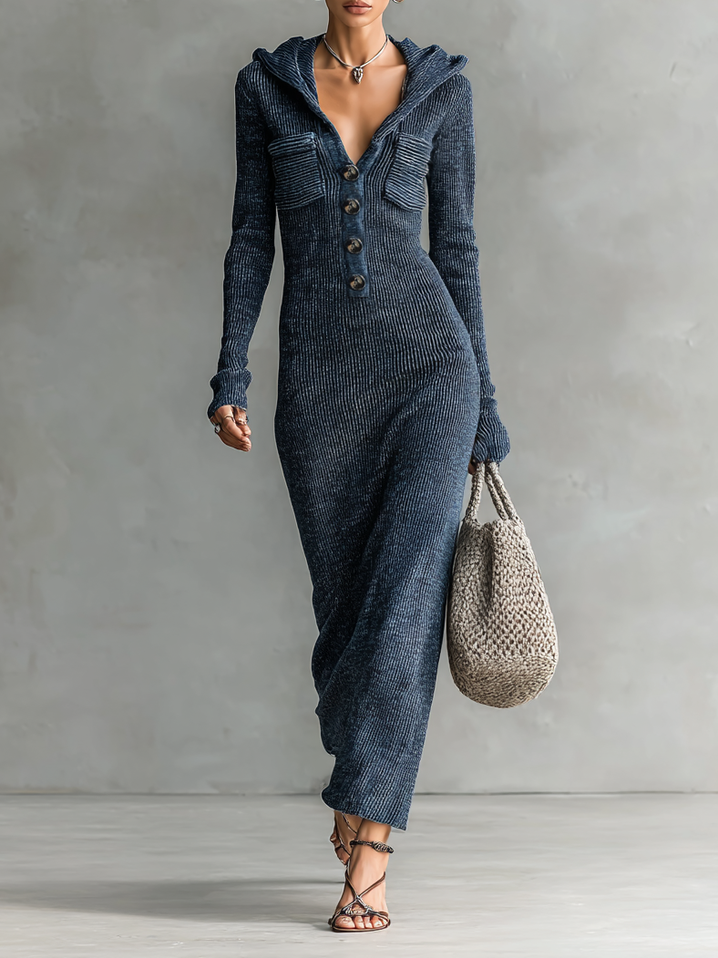 Women's Slim-fit Hooded Knitted Maxi Dress