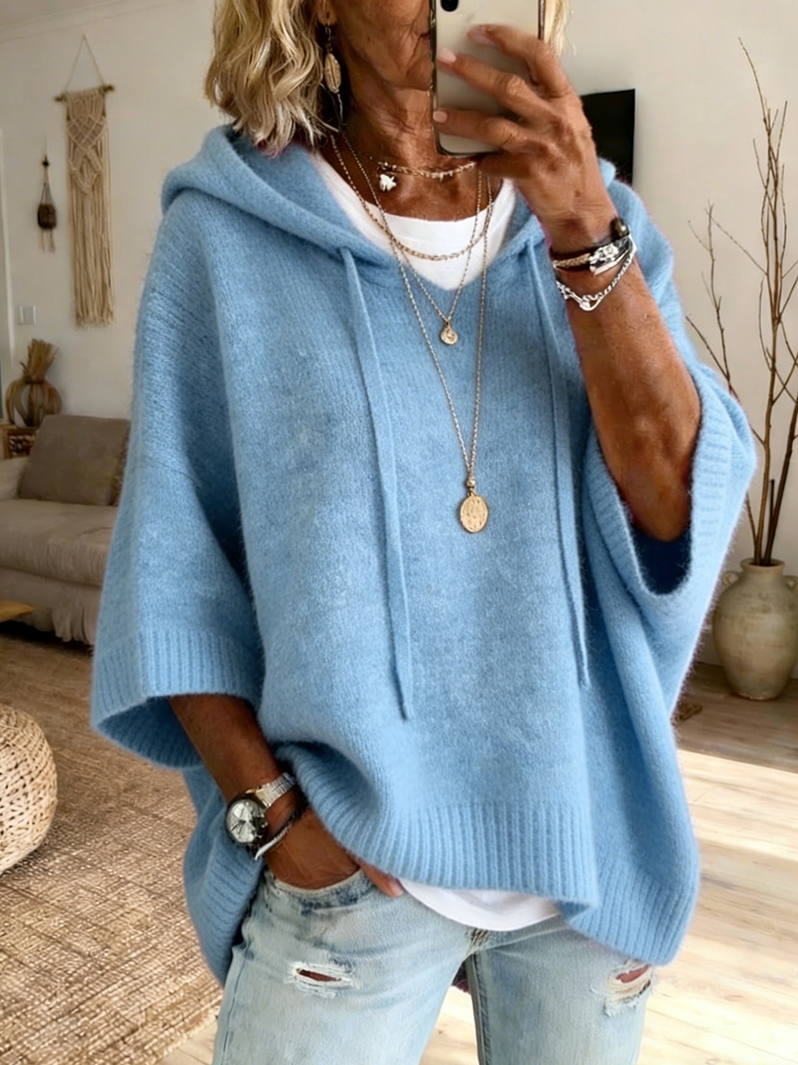 Women's Comfortable Drawstring Hooded Loose Knit Sweater