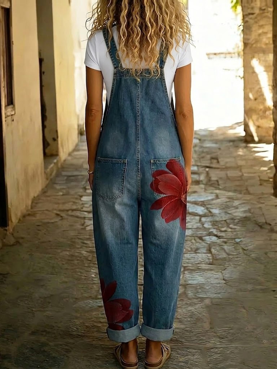 Women's Casual Brushstroke Floral Print Denim Jumpsuit With Adjustable Buckle