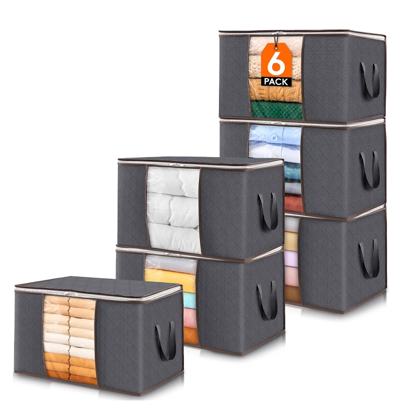 6 Pack 60L Clothes Storage Bins with Lids, Foldable Blanket Storage Bags with Zippers, Clear Window and Reinforced Handles, Closet and Organization for Clothing, Sweater, Comforter, Bedding