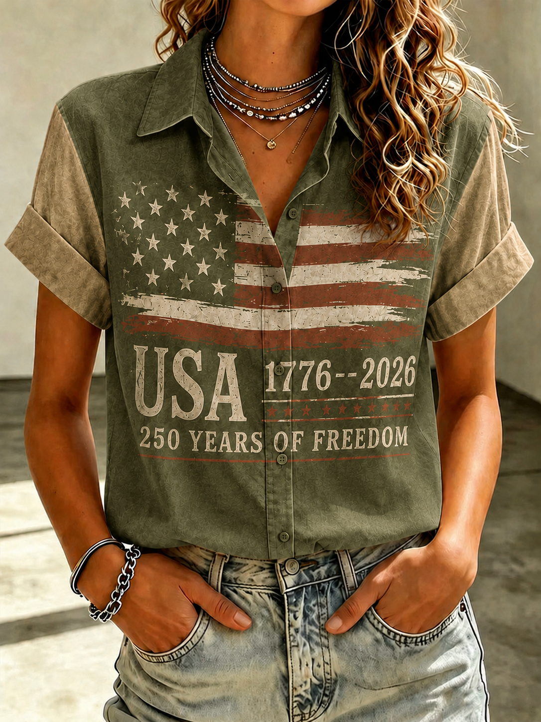 Women'S Casual American Flag 250Th Anniversary Celebration Floral Embroidery Printed Lapel Shirt