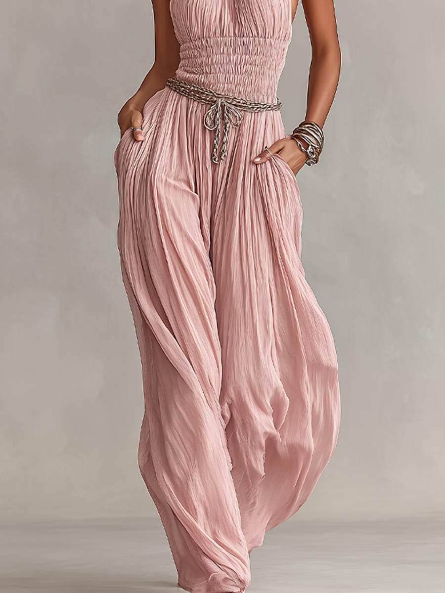 Women's Blush Pleated Jumpsuit With Halter Neck & Ruched Waist, Timeless Romantic-Elegant Style Jumpsuit (without Belt) 