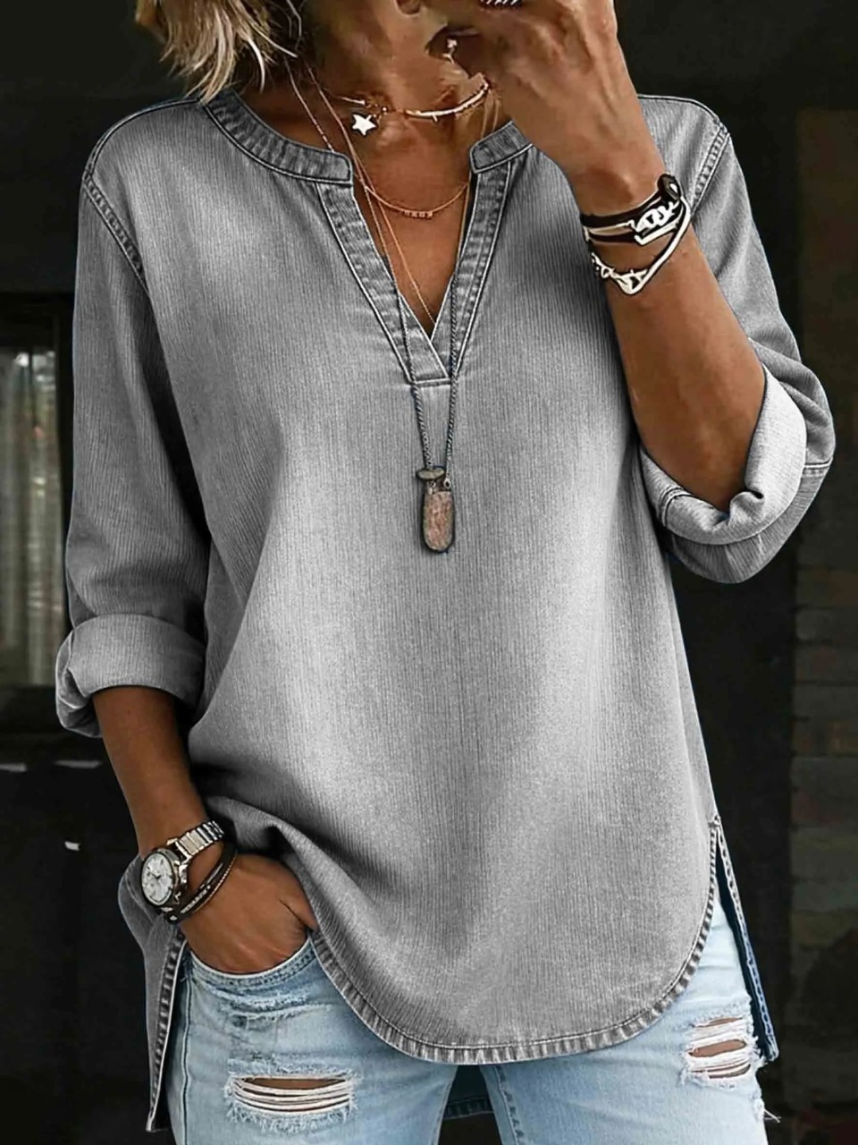 Women's Denim V-neck Henley Long-sleeved Shirt