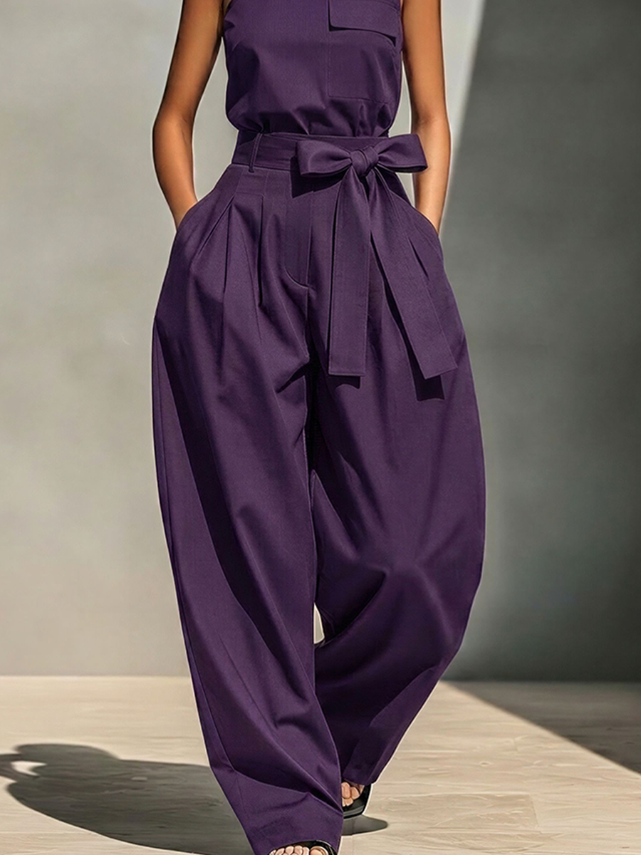 Women's Purple Cotton-Blend Asymmetrical Jumpsuit With Cutout Top & Bow Belt Wide Leg, Timeless Modern Streetwear Jumpsuit