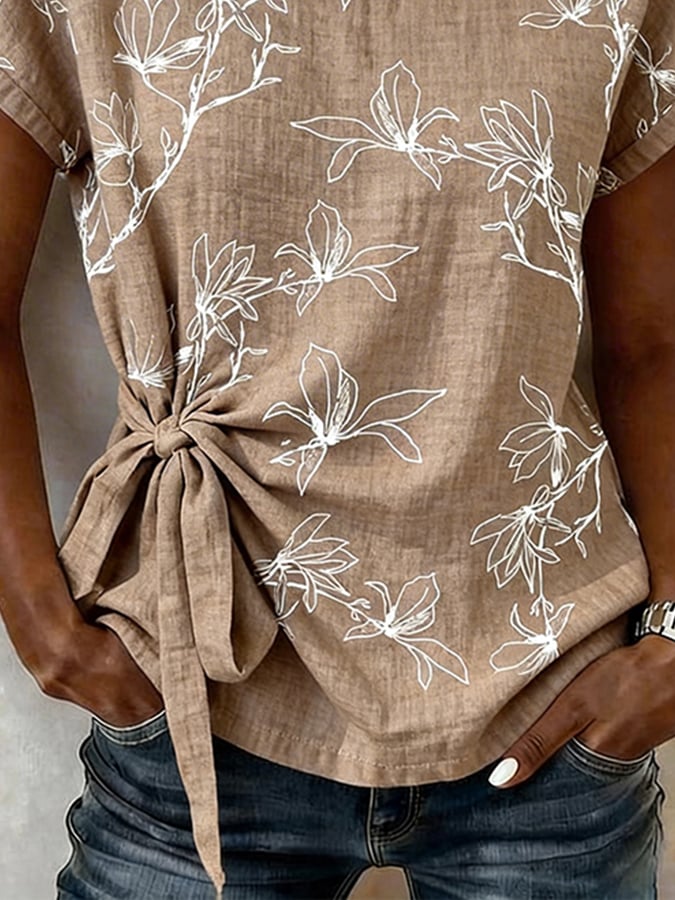 Women's Casual Round-Neck Printed Cotton-Linen Top