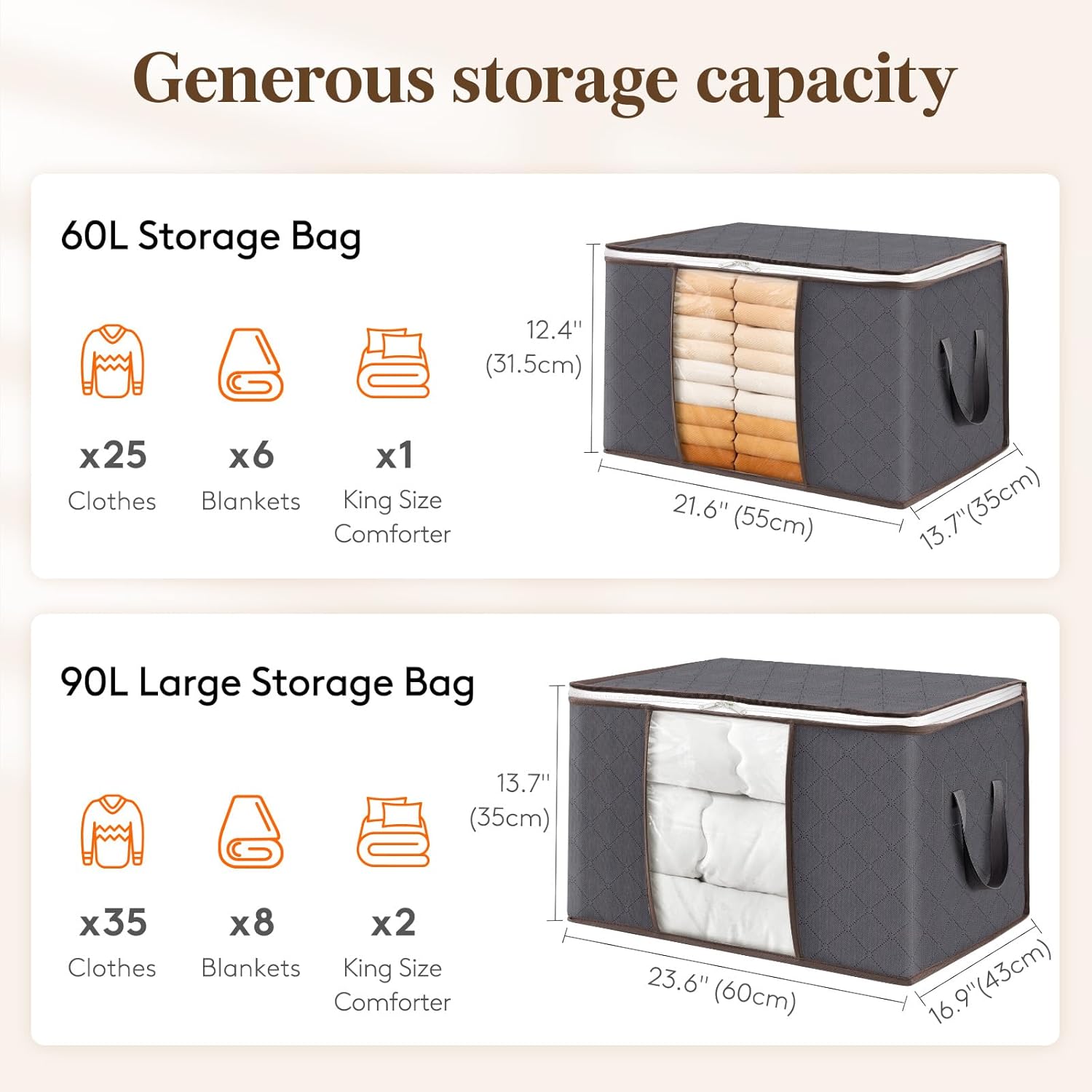 2 Pack 60L Clothes Storage Bins with Lids, Foldable Blanket Storage Bags with Zippers, Clear Window and Reinforced Handles, Closet and Organization for Clothing, Sweater, Comforter, Bedding