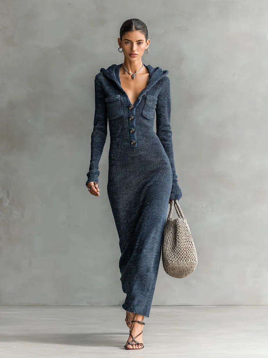 Women's Slim-fit Hooded Knitted Maxi Dress