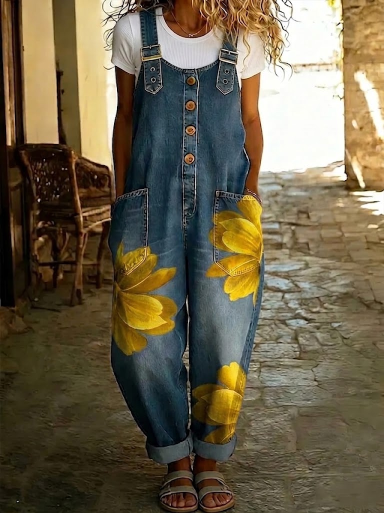 Women's Casual Brushstroke Floral Print Denim Jumpsuit With Adjustable Buckle