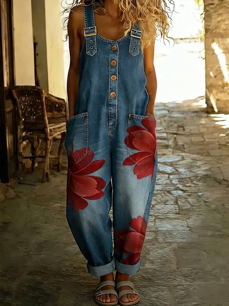 Women's Casual Brushstroke Floral Print Denim Jumpsuit With Adjustable Buckle