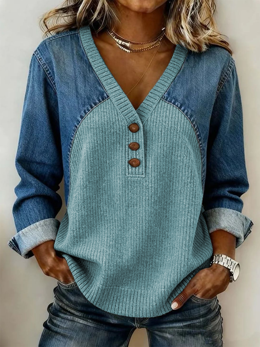Women's Retro Casual Denim And Cotton Knit Sweater