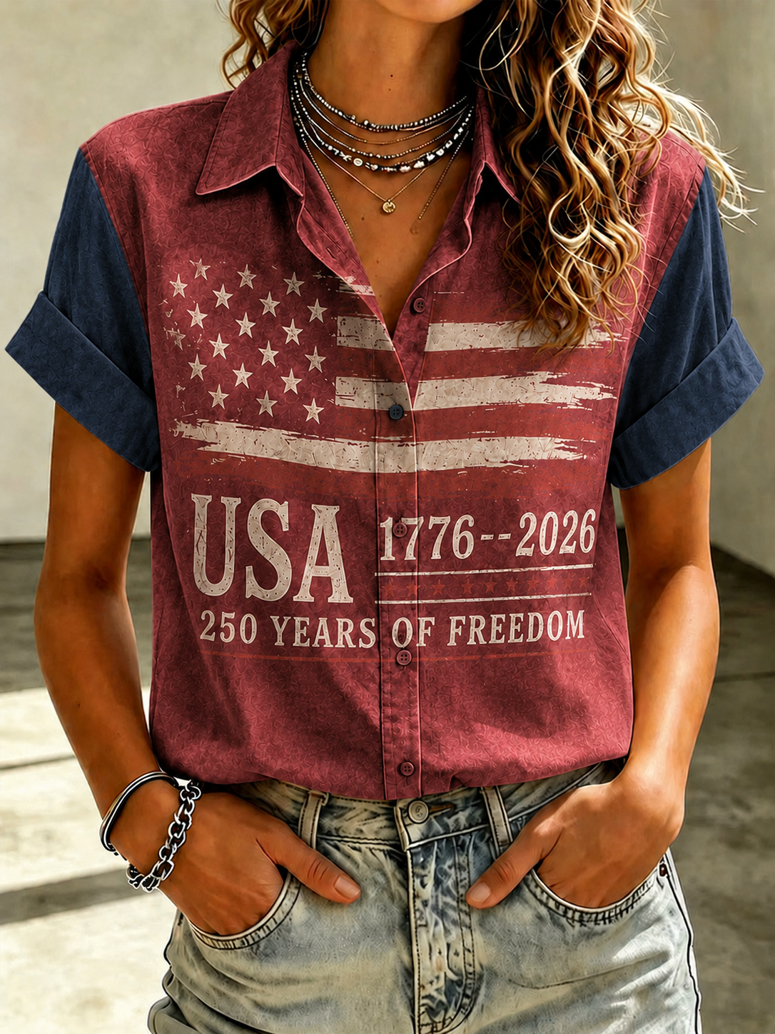 Women'S Casual American Flag 250Th Anniversary Celebration Floral Embroidery Printed Lapel Shirt