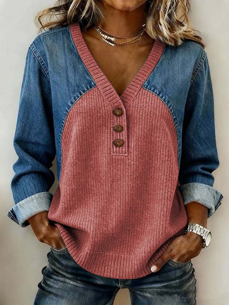 Women's Retro Casual Denim And Cotton Knit Sweater