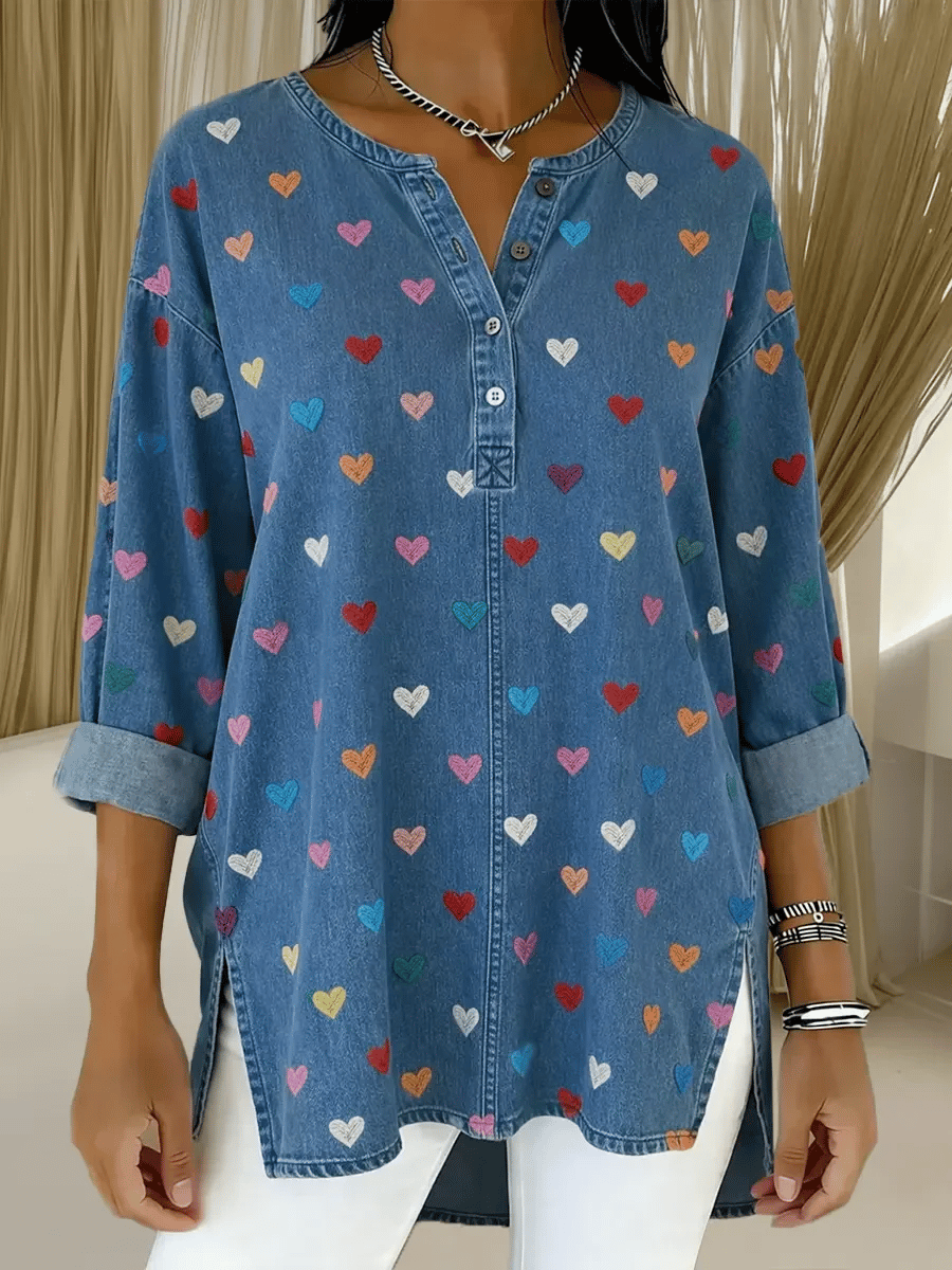 Women'S Casual Color-Block Top With Heart Print And Patchwork Design