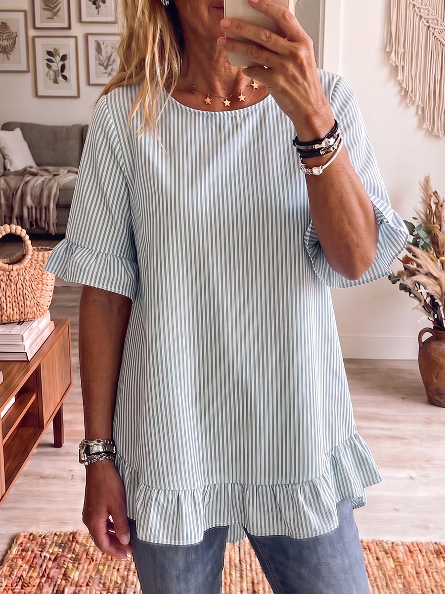 Casual Striped Ruffled Blouse