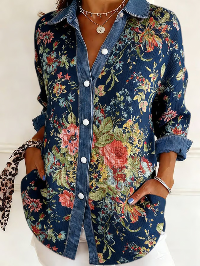 Women's Retro Floral Print Lapel Waffle Knit Shirt