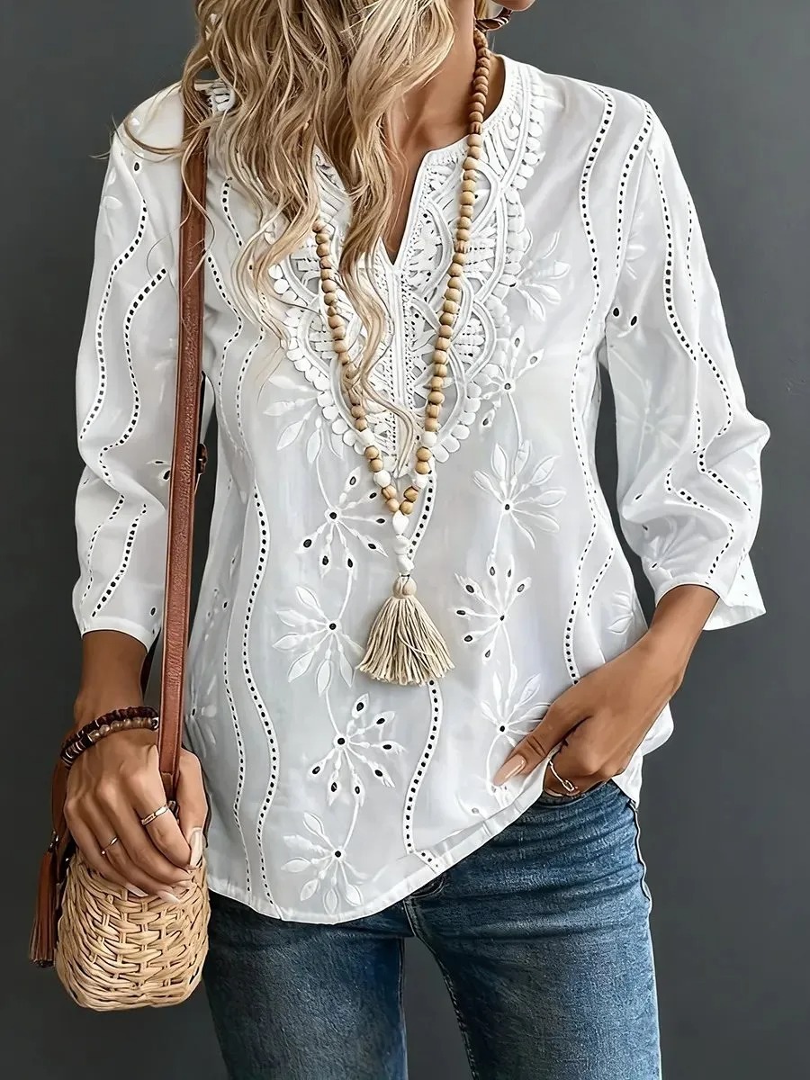Women's Casual Openwork Embroidered Bell Sleeves Linen Shirt