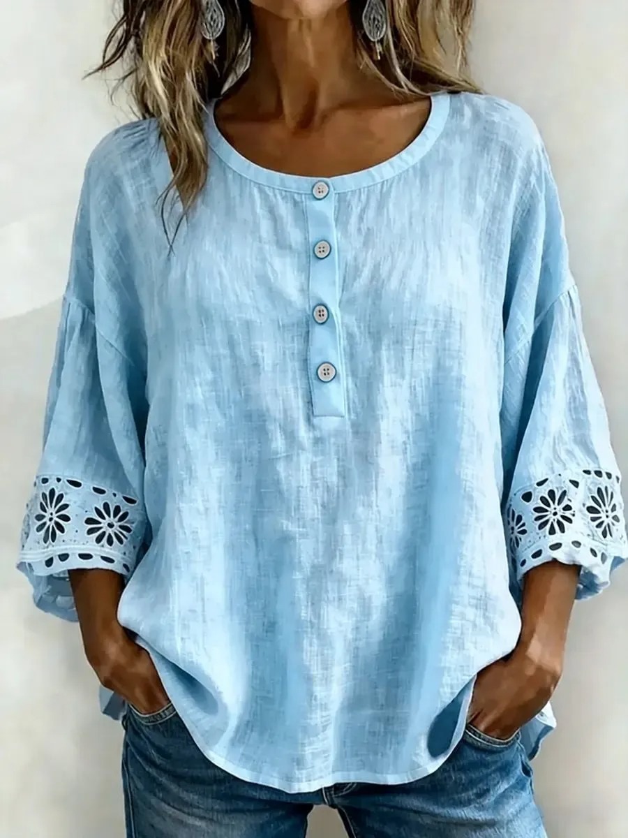 Women's Casual Openwork Lace Cotton Linen Shirt