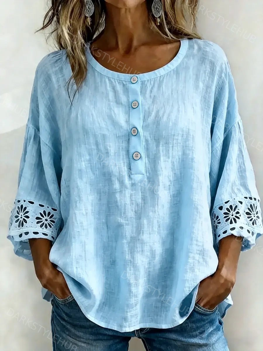 Women's Casual Openwork Lace Cotton Linen Shirt