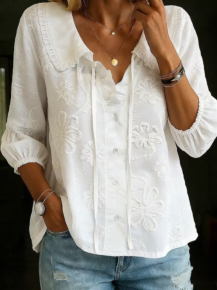 Women's Flower Embroidered Peter Pan Collar Long Sleeve Blouse