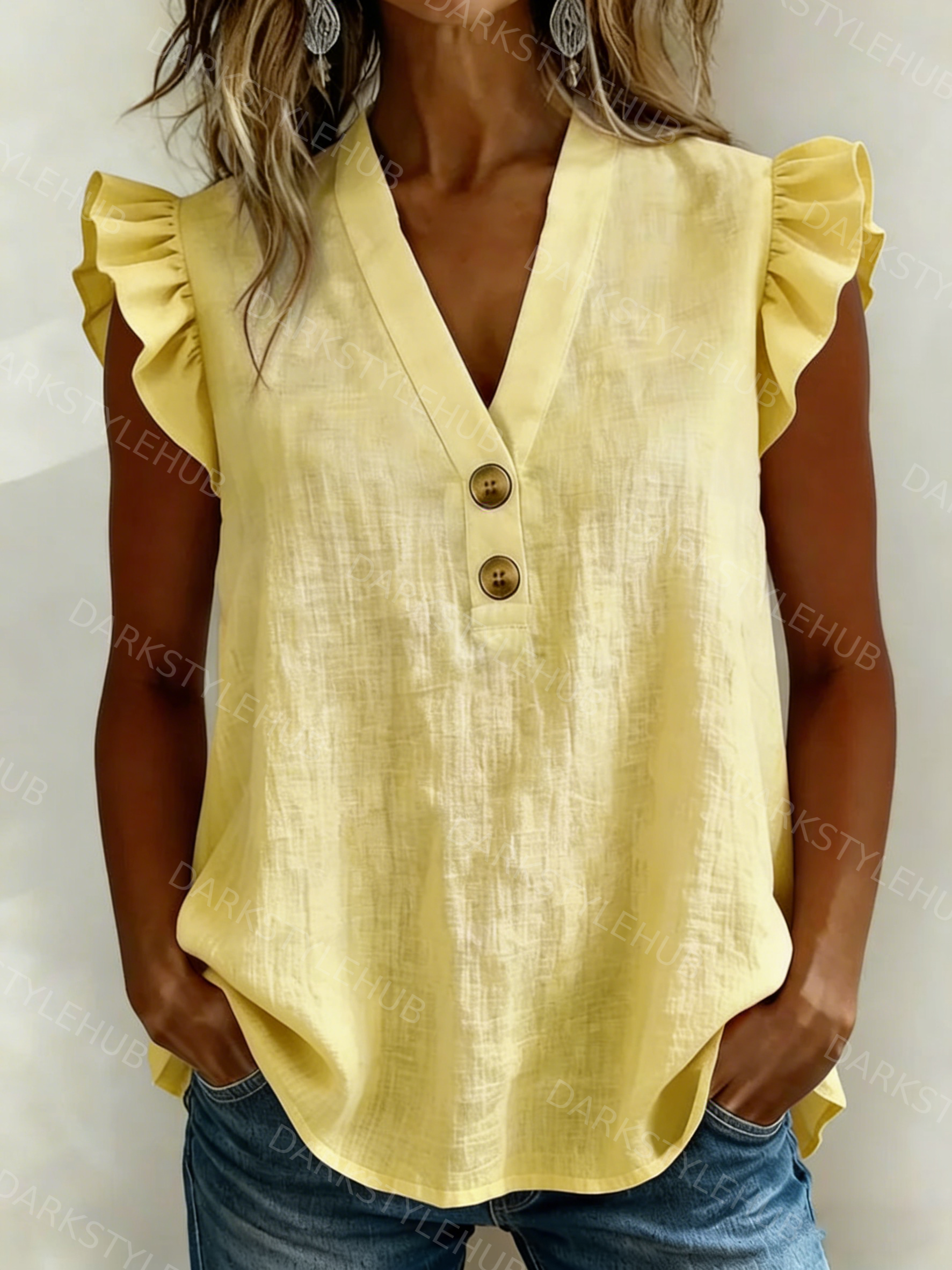Women's Casual Solid Color V-Neck Button Flying Sleeve Cotton and Linen Top