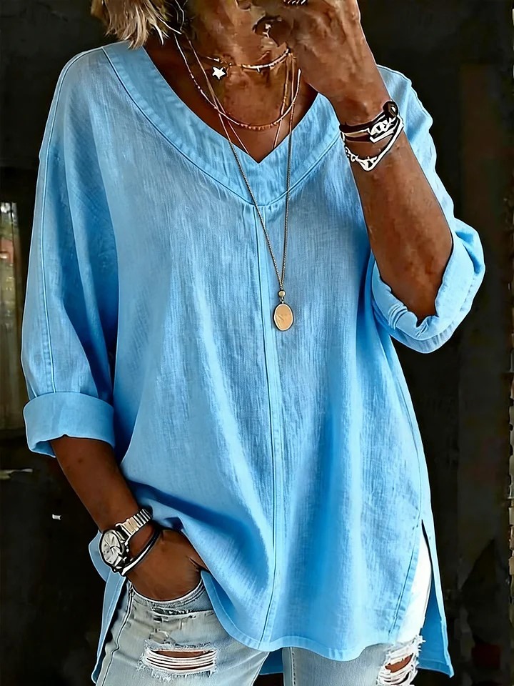 Women's Solid Color V-neck Cotton Linen Top