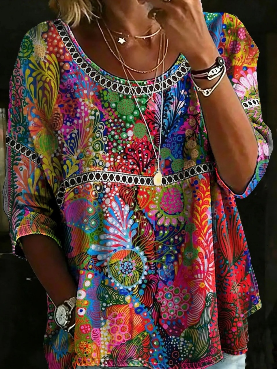 Women's Vintage Multicolor Floral Art Print Casual Hollow Shirt