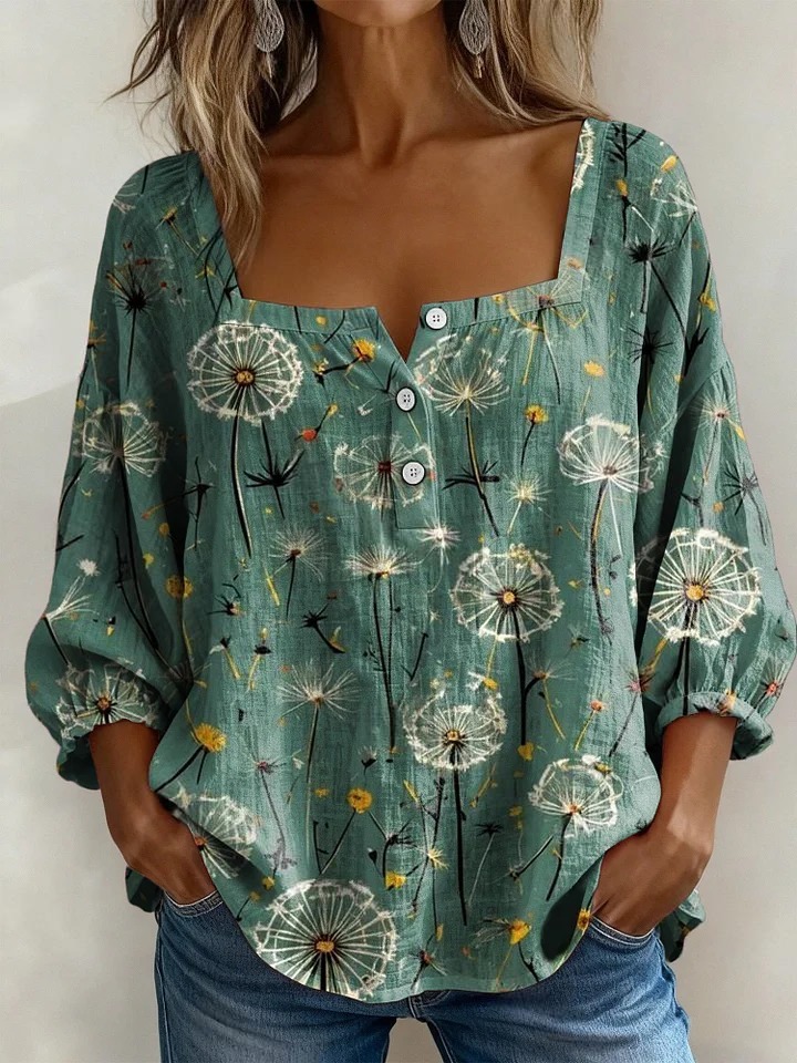 Women's Vintage Print Casual Cotton Linen Shirt