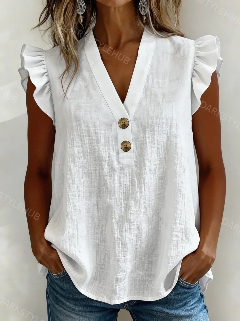 Women's Casual Solid Color V-Neck Button Flying Sleeve Cotton and Linen Top