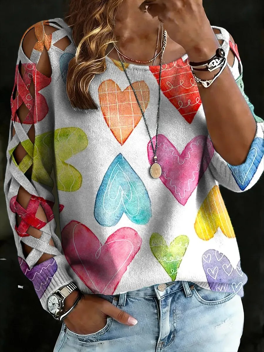 Women's Casual Colorful Heart Print Hollow Design Knit Cardigan