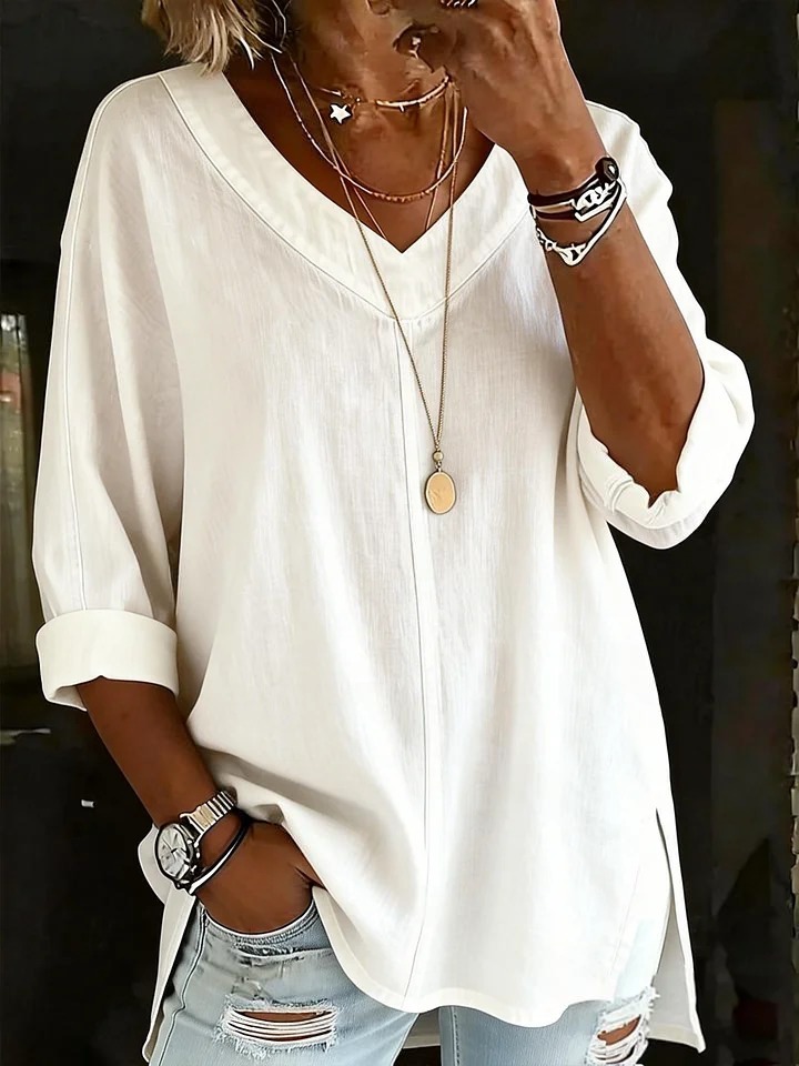 Women's Solid Color V-neck Cotton Linen Top