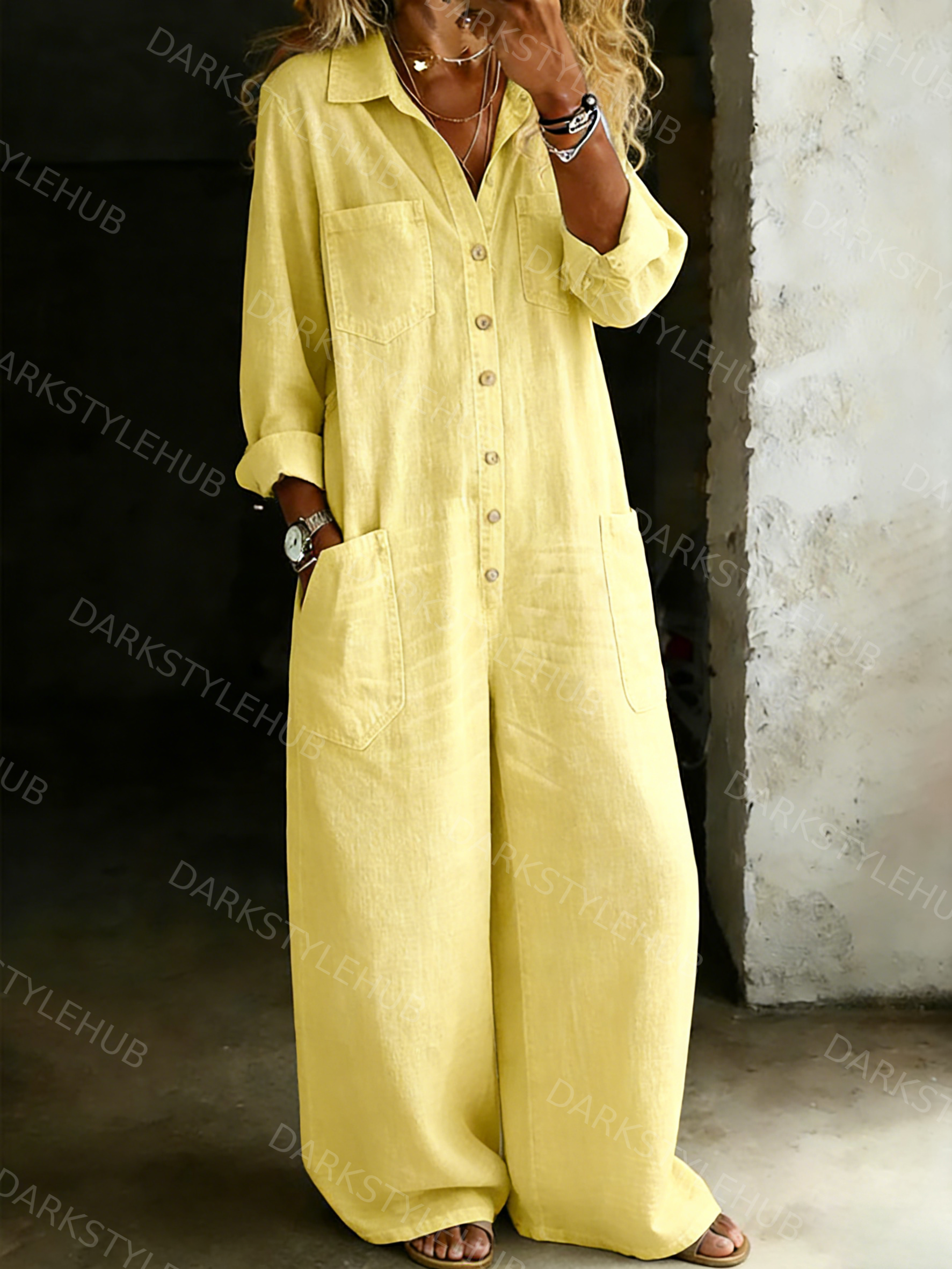 Women's Solid Color Cozy Casual Cotton and Linen Shirt Jumpsuit