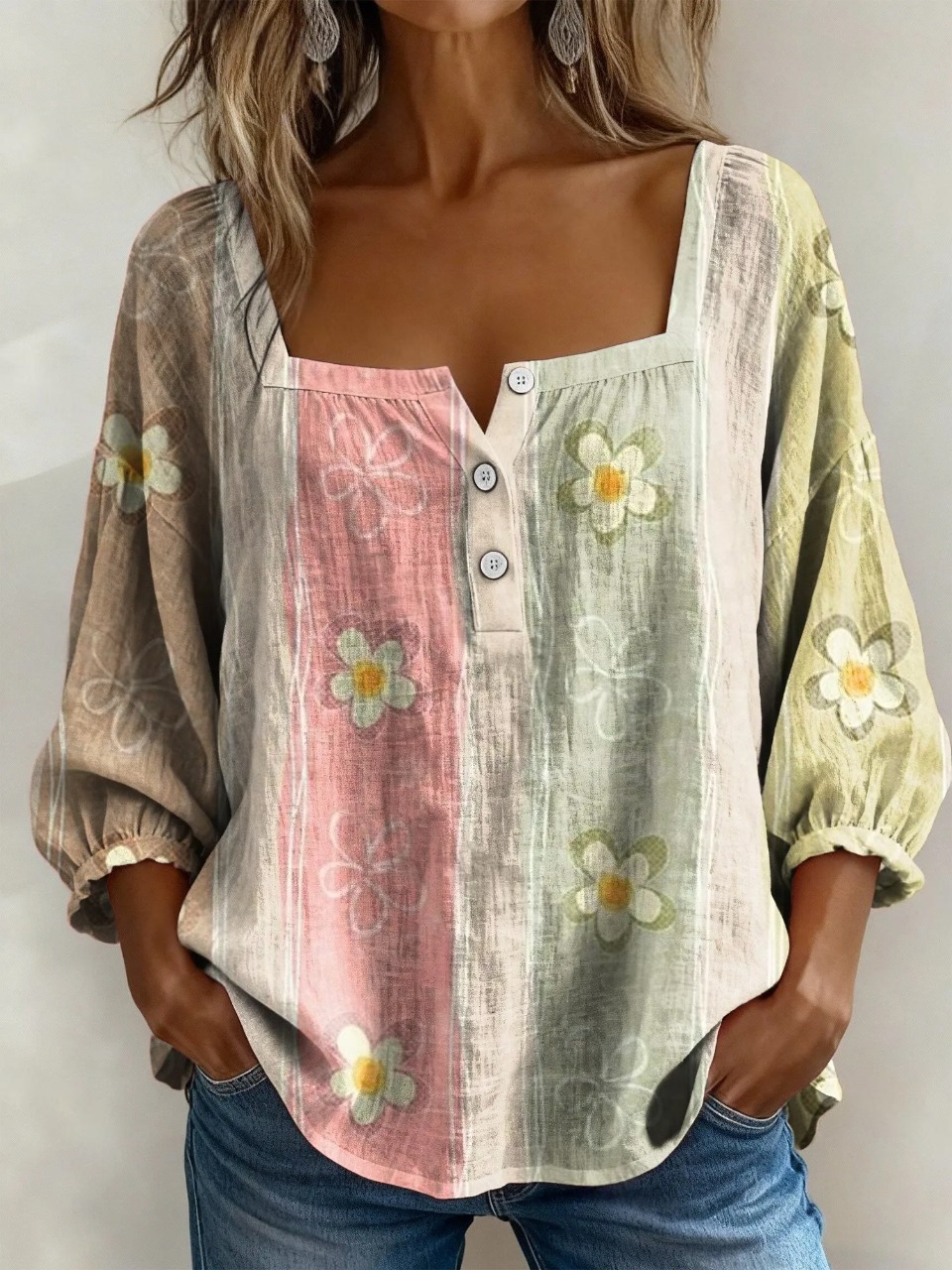 Women's Vintage Floral Print Casual Cotton Linen Shirt