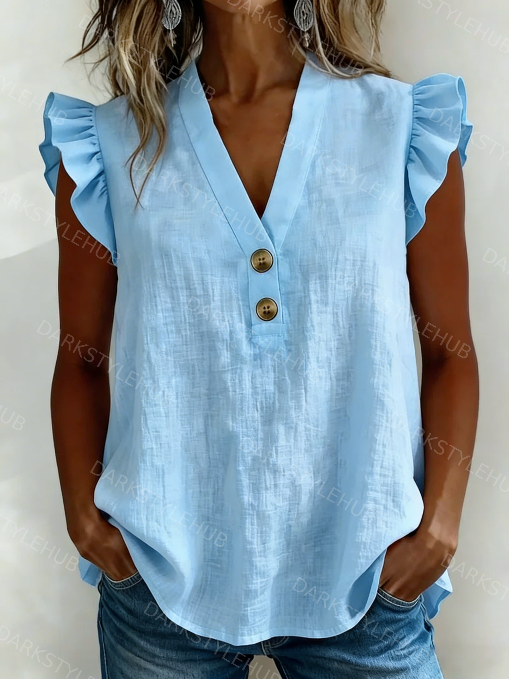 Women's Casual Solid Color V-Neck Button Flying Sleeve Cotton and Linen Top