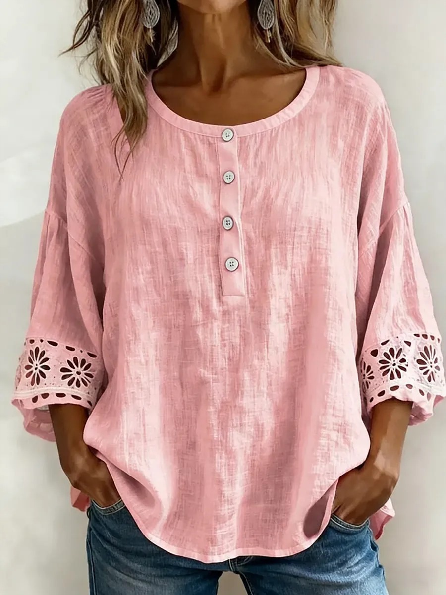 Women's Casual Openwork Lace Cotton Linen Shirt