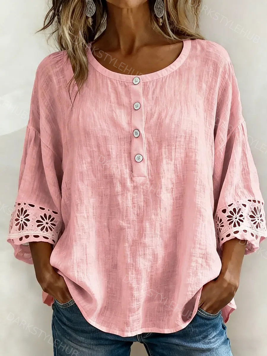 Women's Casual Openwork Lace Cotton Linen Shirt